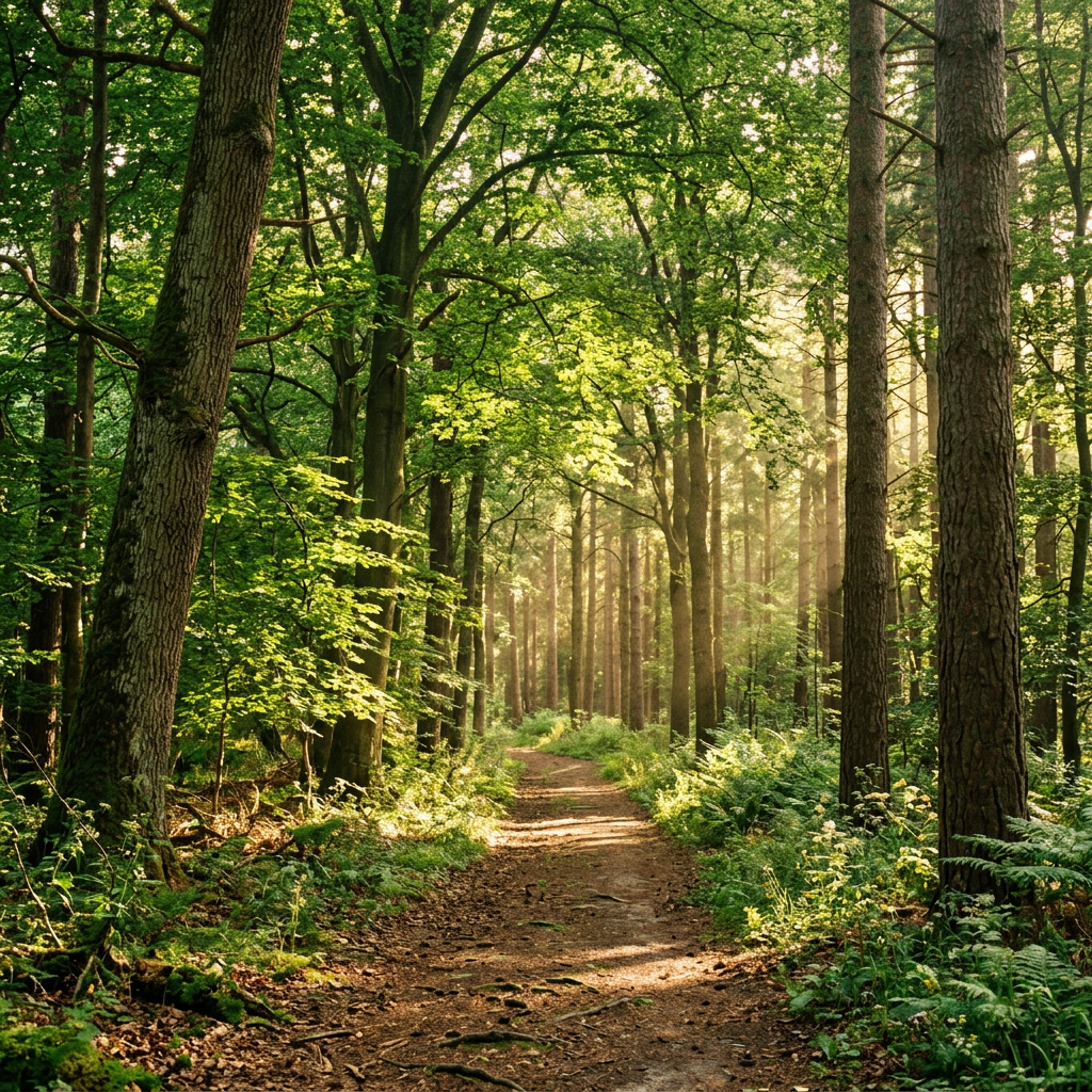 Forest path surrounded by tall trees and green foliage with sunlight filtering through